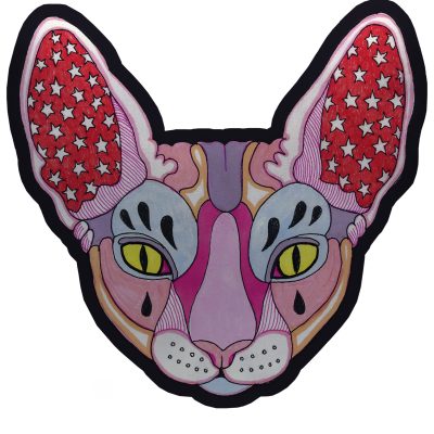 Cojín con forma de gato Sphynx en rosa hecho a partir de una ilustración del artista El Dios de los Tres.