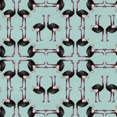 Tela de algodón orgánico estampada con juego geométrico de avestruces sobre fondo de color turquesa.
