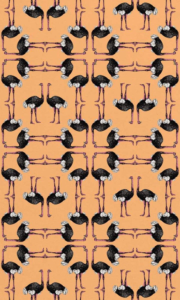 Papel pintado para pared con estampado de juego geométrico de avestruces sobre fondo de color naranja mandarina.