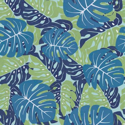 Papel pintado con motivo de hojas tropicales en tonos de distintos azules