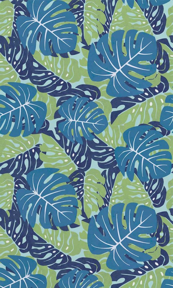 Papel pintado con motivo de hojas tropicales en tonos de distintos azules