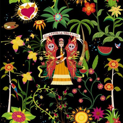 Papel pintado ilustrado con Frida Kahlo y plantas imaginarias con fondo negro