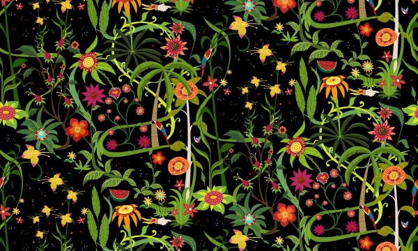 Mural de papel pintado con ilustración de jardín imaginario de Frida calo con coloridas flores, loros, frutas y elementos del diseño original de Frida Kahlo sobre fondo negro