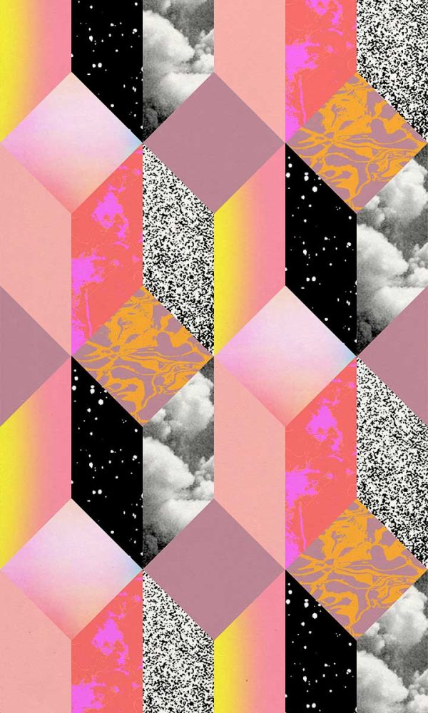 Papel pintado para pared con ilustración digital de formas geométricas romboidales en tonos rosas y amarillos en contraste con los negros de un cielo estrellado, los grises de un cielo nublado en blanco y negro y texturas puntillistas