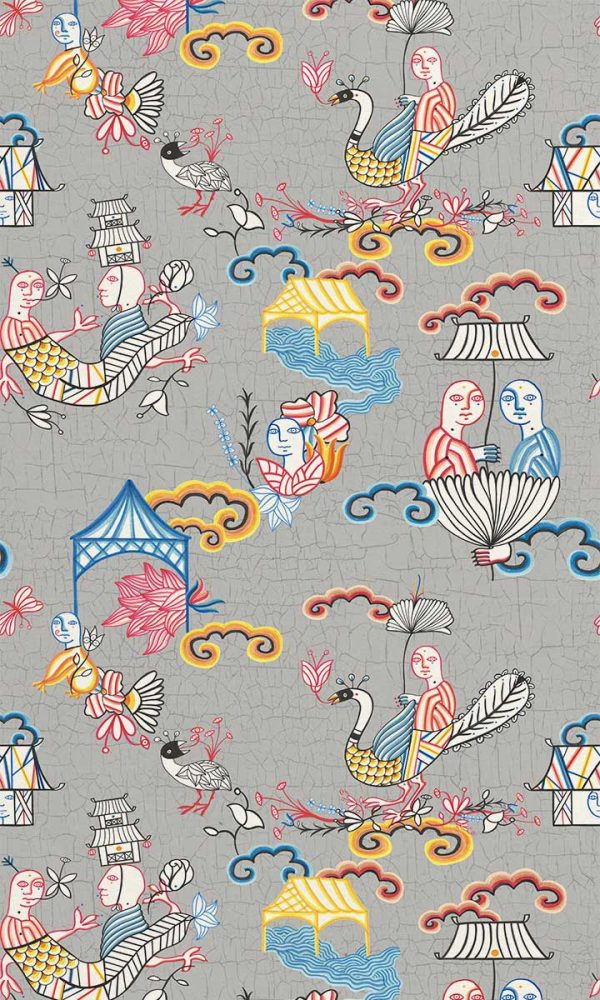 Papel pintado ilustrado con motivos que recuerdan a las chinerías orientales, con budas en pagodas, sobre fantásticos pavos reales, seres místicos, sobre fondo craquelado en gris