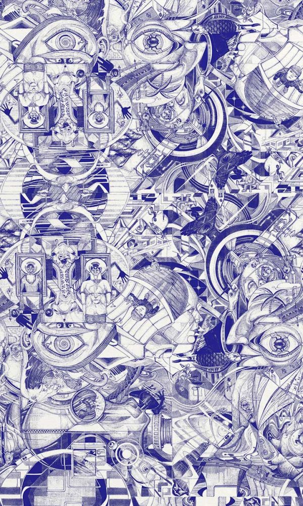 Papel pintado de con dibujos futuristas en bolígrafo Bic azul
