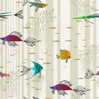 Papel de pintado de fondo marino con peces multicolores con el fondo con rayas verticales de distintos grosores en tonos beige