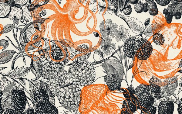 Terciopelo anti-manchas estampado con original diseño de fauna marina y flora terrestre en negros y naranjas, de La Tapicera