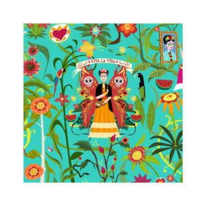 Panel de algodón 100% orgánico estampado con imágenes con ilustraciones de la artista mejicana Frida Kahlo y su mágico universo. Con fondo verde menta del diseñador Animatomic de La Tapicera.