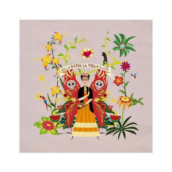Panel de algodón 100% orgánico estampado con imágenes con ilustraciones de la artista mejicana Frida Kahlo y su mágico universo. Con fondo rosa claro del diseñador Animatomic de La Tapicera