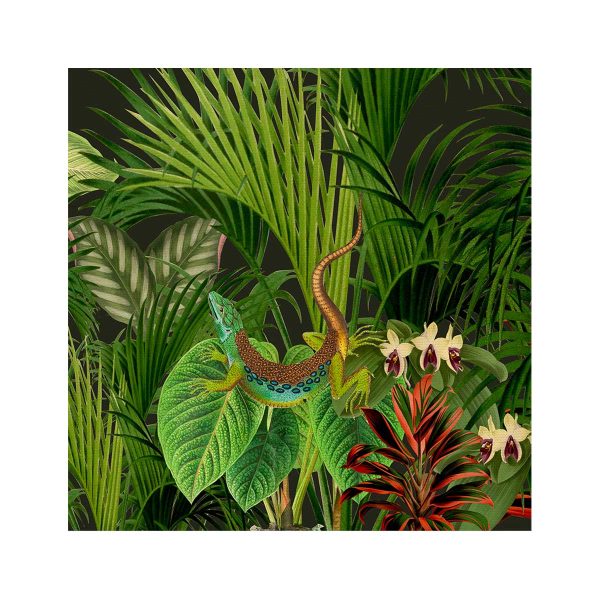 Panel de algodón 100% orgánico con estampado tropical, con palmeras y orquídeas con palmeras y orquídeas y una colorida lagartija en el centro de la composición.Fondo en verde oscuro, de la diseñadora Dácil Reig, de La Tapicera.