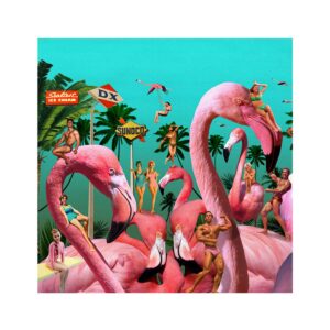 Panel Panel de algodón 100% orgánico estampado con imágenes de jóvenes culturistas al sol mezclados con chicas en traje de baño vintage y coloridos flamencos rosas bajo un cielo truquesa del diseñador de Sapntox Factory de La Tapicera.