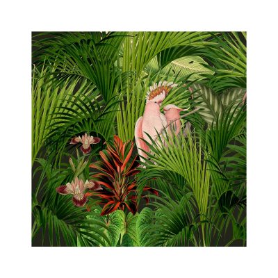 Panel de algodón 100% orgánico con estampado tropical, con palmeras y orquídeas y una pareja de cacatúas risa en el centro de la composición. Fondo en verde oscuro de la diseñadora Dácil Reig, de La Tapicera.