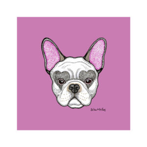 Panel de algodón 100% orgánico estampado con una ilustración de El Dios de los Tres de la cara de un perro bulldog francés en color blanco con fondo rosa, de La Tapicera.